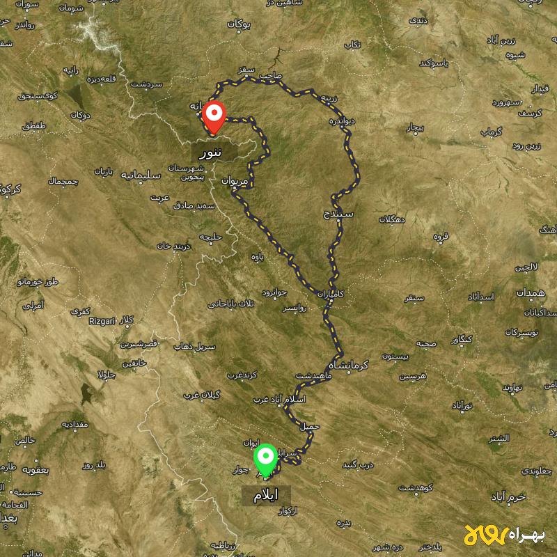 مسافت و فاصله ننور - کردستان تا ایلام از ۲ مسیر - شهریور ۱۴۰۳