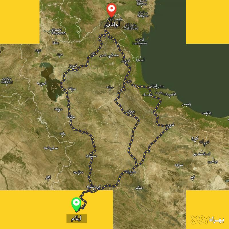 مسافت و فاصله اولتان - اردبیل تا ایلام از ۳ مسیر - شهریور ۱۴۰۳