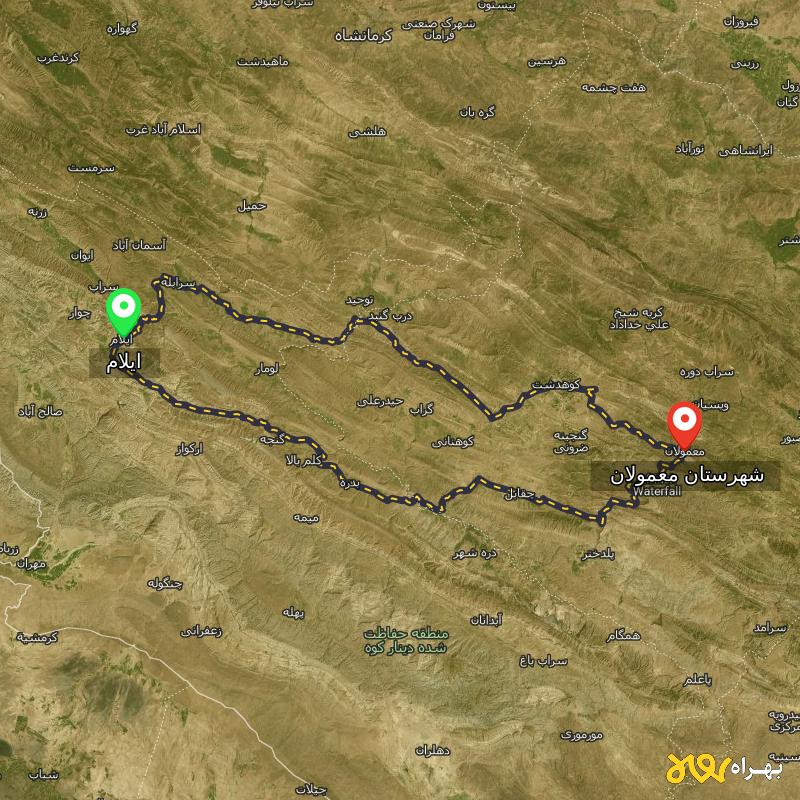 مسافت و فاصله شهرستان معمولان - لرستان تا ایلام از ۲ مسیر - اردیبهشت ۱۴۰۳