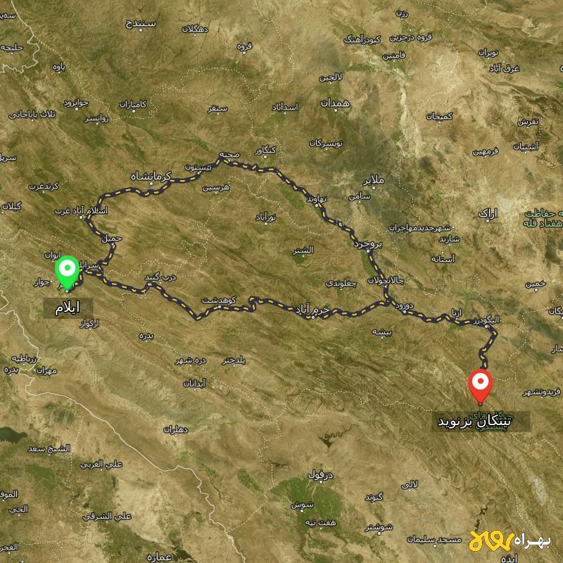مسافت و فاصله تیتکان بزنوید - لرستان تا ایلام از ۲ مسیر - شهریور ۱۴۰۳