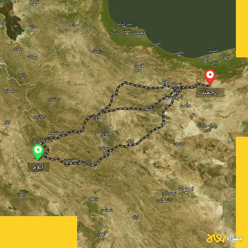 مسافت و فاصله ارجمند - تهران تا ایلام از ۳ مسیر - مرداد ۱۴۰۳
