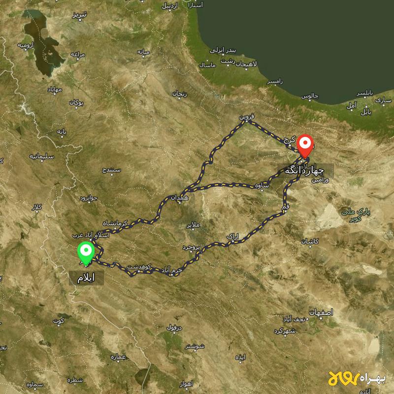 مسافت و فاصله چهاردانگه - تهران تا ایلام از ۳ مسیر - دی ۱۴۰۳