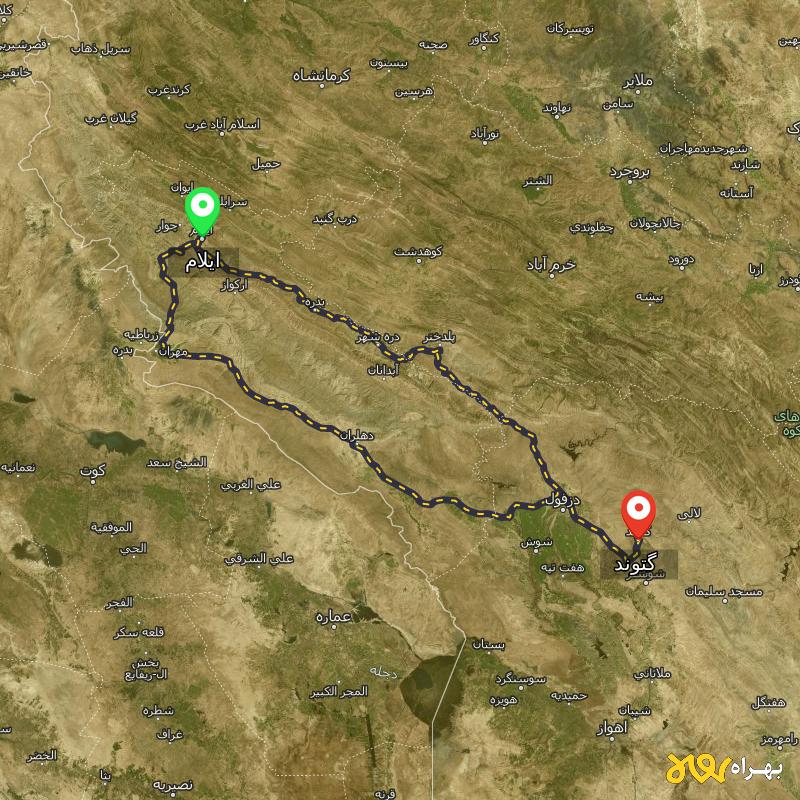 مسافت و فاصله گتوند - خوزستان تا ایلام از ۲ مسیر - مهر ۱۴۰۳
