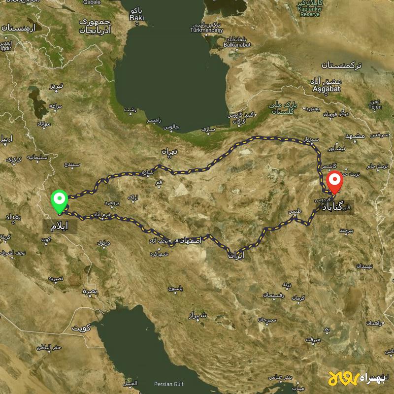 مسافت و فاصله گناباد - خراسان رضوی تا ایلام از ۲ مسیر - آذر ۱۴۰۳