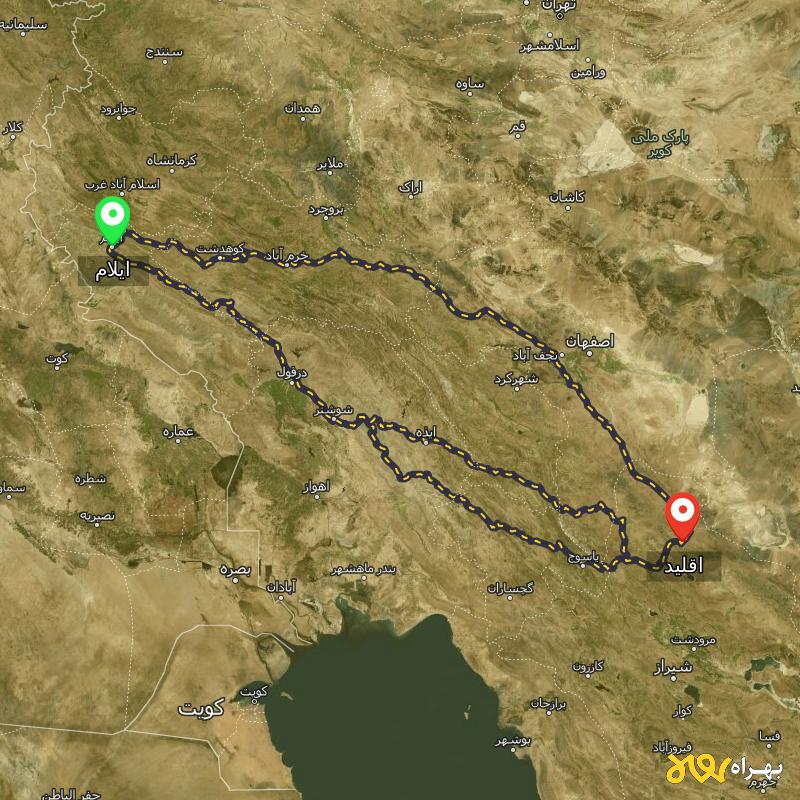 مسافت و فاصله اقلید - فارس تا ایلام از ۳ مسیر - دی ۱۴۰۳
