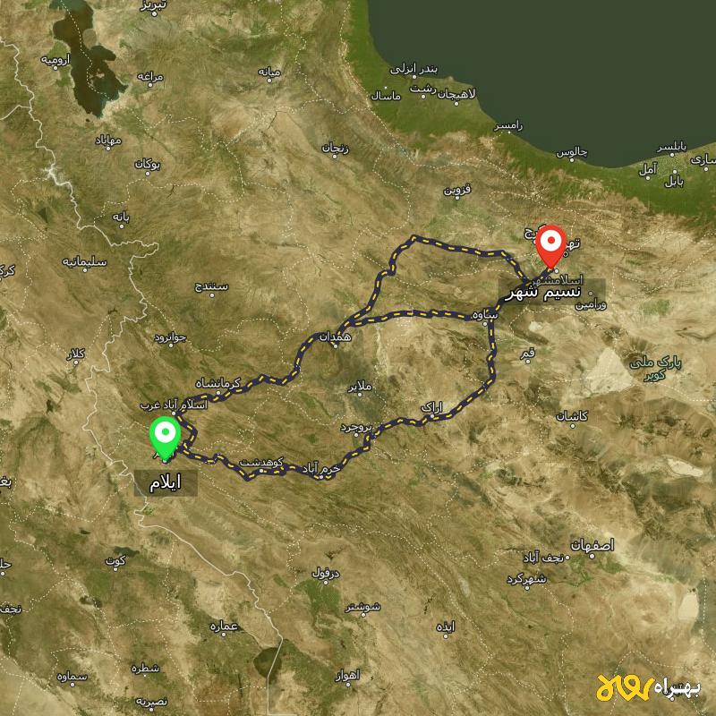 مسافت و فاصله نسیم شهر - تهران تا ایلام از ۳ مسیر - مرداد ۱۴۰۳