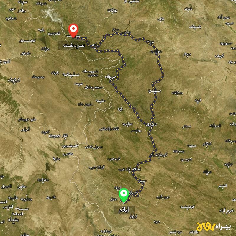 مسافت و فاصله سردشت - آذربایجان غربی تا ایلام از ۲ مسیر - آذر ۱۴۰۳