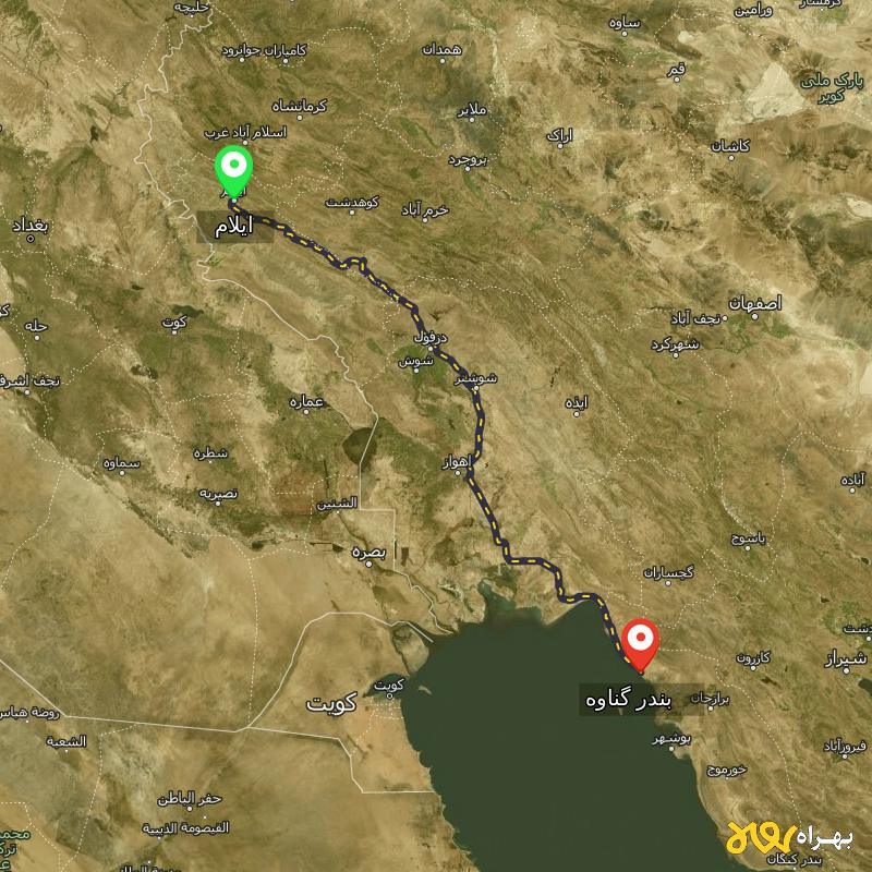 مسافت و فاصله بندر گناوه - بوشهر تا ایلام - مسیریاب بهراه