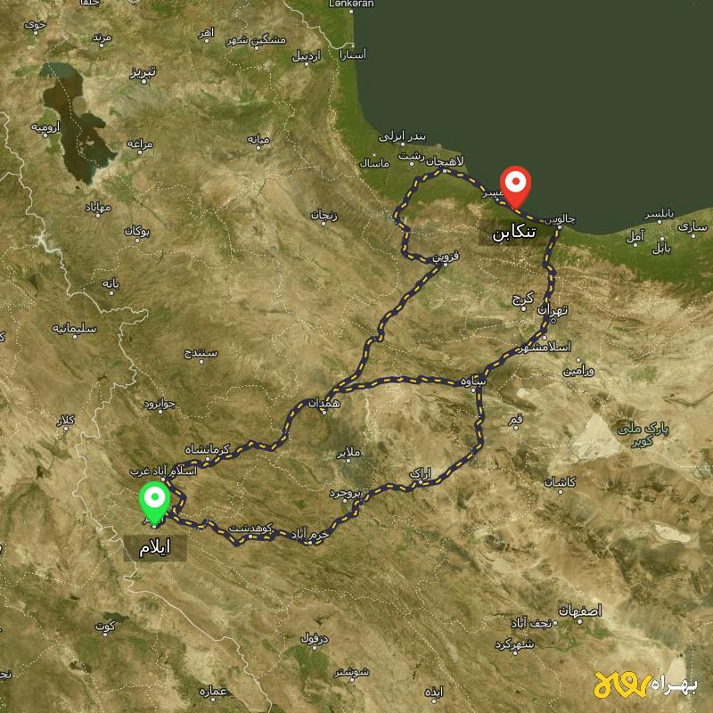 مسافت و فاصله تنکابن - مازندران تا ایلام از ۳ مسیر - مرداد ۱۴۰۳