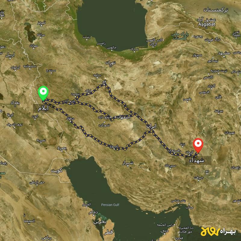 مسافت و فاصله شهداد - کرمان تا ایلام از ۳ مسیر - بهمن ۱۴۰۳