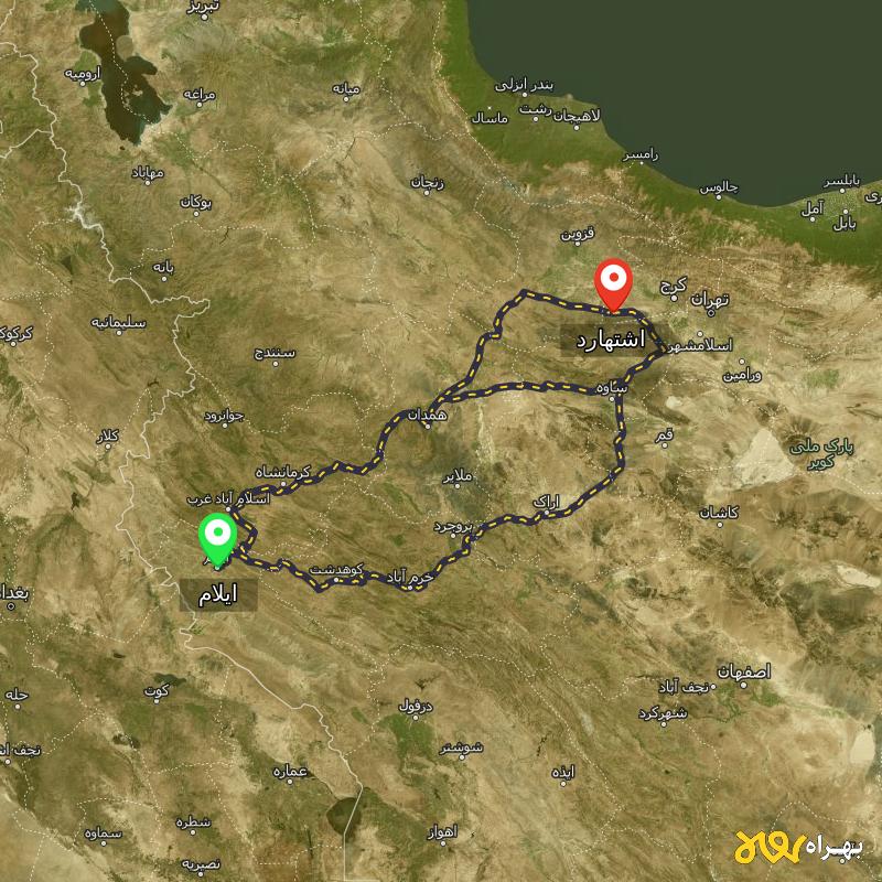مسافت و فاصله اشتهارد - البرز تا ایلام از ۳ مسیر - آذر ۱۴۰۳