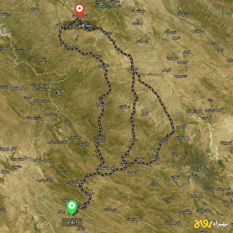 مسافت و فاصله شاهین دژ - آذربایجان غربی تا ایلام از ۳ مسیر - دی ۱۴۰۳