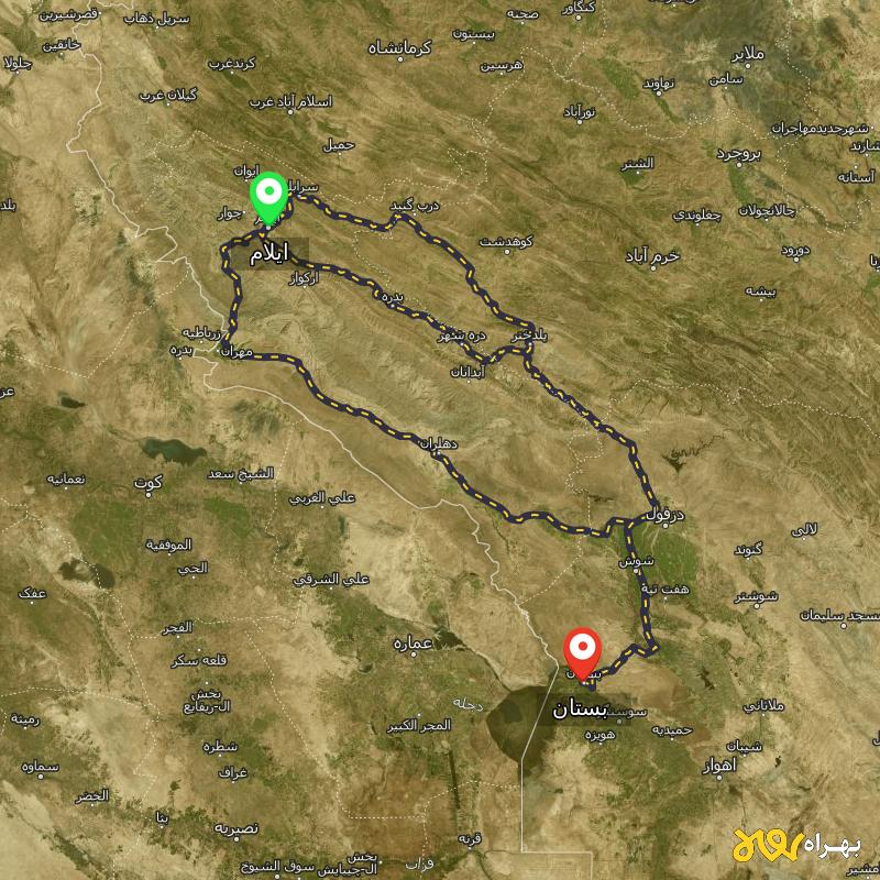 مسافت و فاصله بستان - خوزستان تا ایلام از ۳ مسیر - اردیبهشت ۱۴۰۳