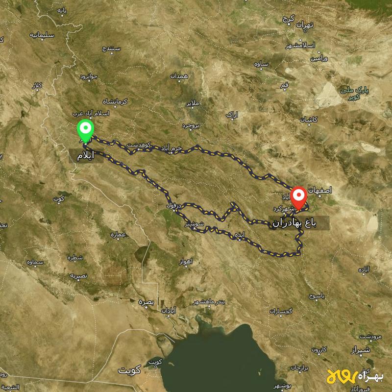 مسافت و فاصله باغ بهادران - اصفهان تا ایلام از ۳ مسیر - آذر ۱۴۰۳