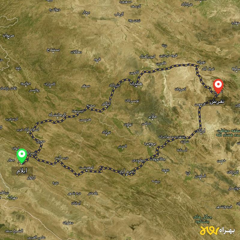 مسافت و فاصله تفرش - مرکزی تا ایلام از ۲ مسیر - آذر ۱۴۰۳