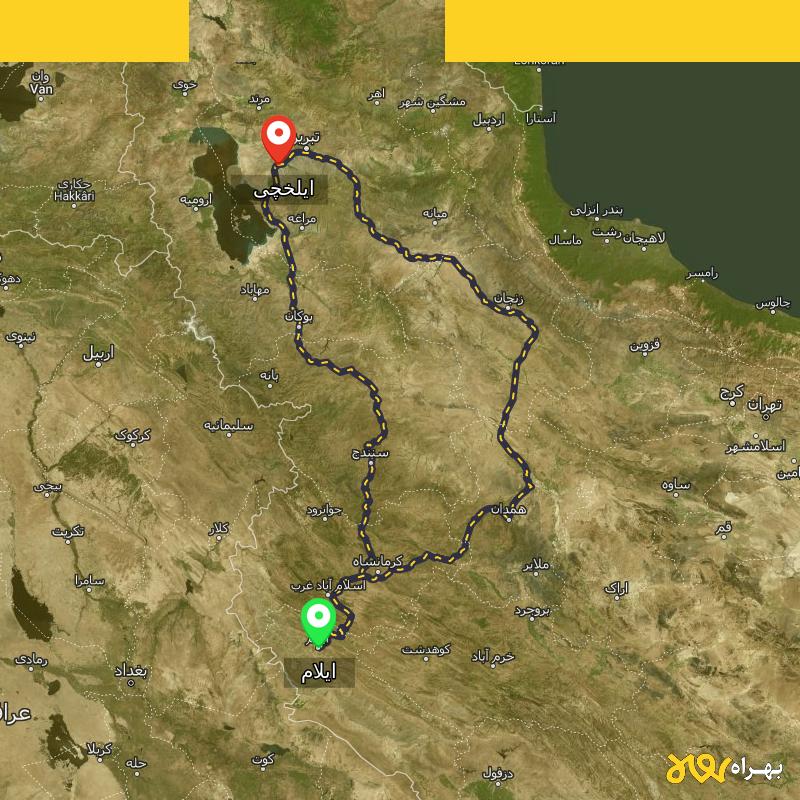 مسافت و فاصله ایلخچی - آذربایجان شرقی تا ایلام از ۲ مسیر - آذر ۱۴۰۳