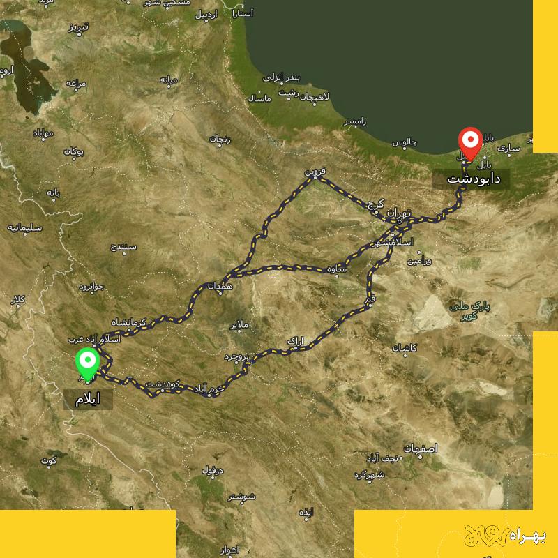 مسافت و فاصله دابودشت - مازندران تا ایلام از ۳ مسیر - شهریور ۱۴۰۳