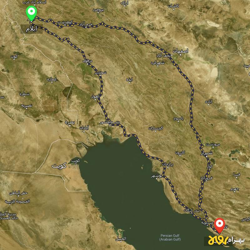 مسافت و فاصله پارسیان - هرمزگان تا ایلام از ۲ مسیر - آبان ۱۴۰۳