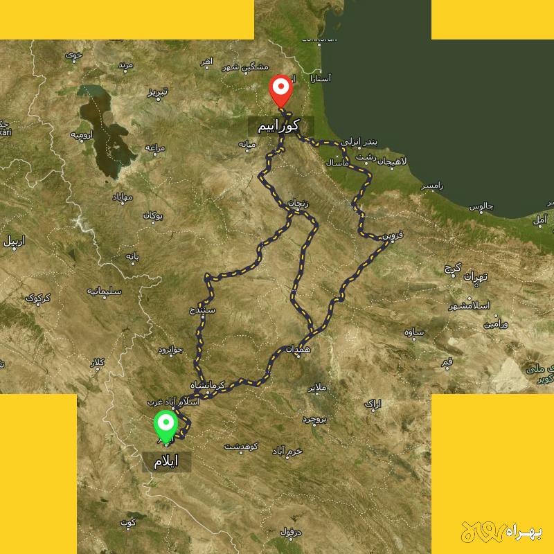 مسافت و فاصله کوراییم - اردبیل تا ایلام از ۳ مسیر - آذر ۱۴۰۳