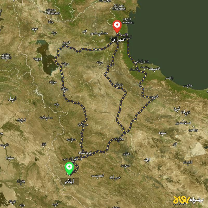 مسافت و فاصله عنبران - اردبیل تا ایلام از ۳ مسیر - مرداد ۱۴۰۳