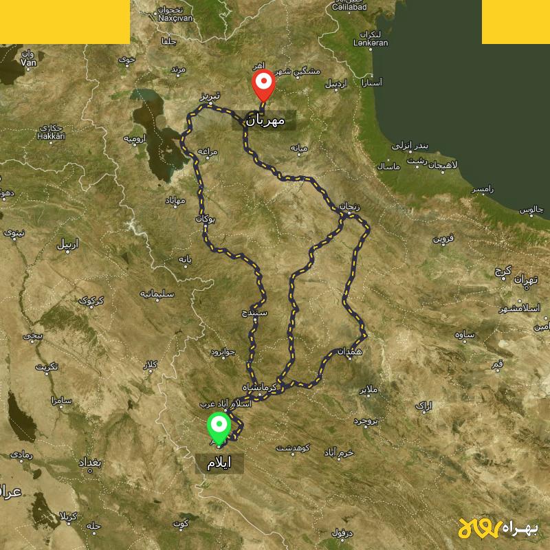 مسافت و فاصله مهربان - آذربایجان شرقی تا ایلام از ۳ مسیر - مهر ۱۴۰۳