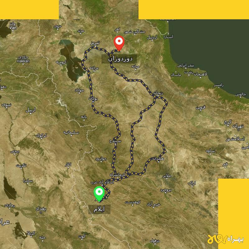 مسافت و فاصله دوزدوزان - آذربایجان شرقی تا ایلام از ۳ مسیر - شهریور ۱۴۰۳