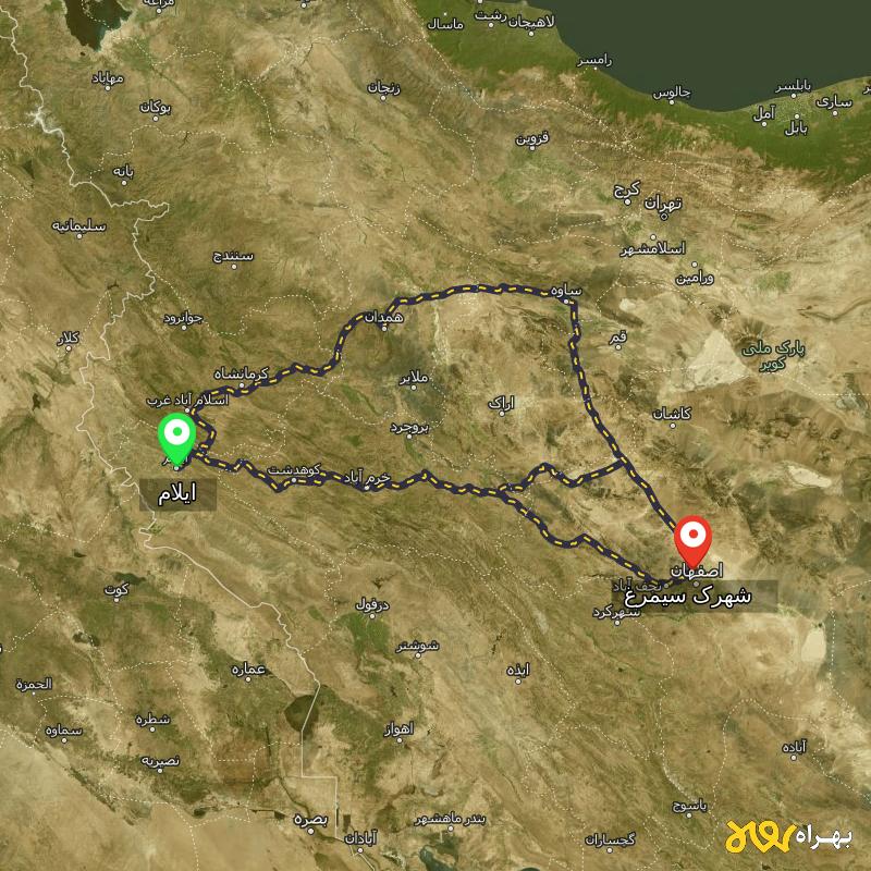 مسافت و فاصله شهرک سیمرغ - اصفهان تا ایلام از ۳ مسیر - مرداد ۱۴۰۳