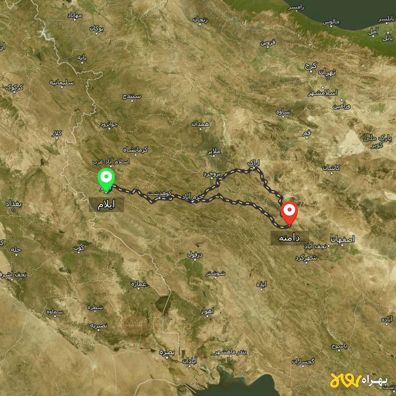 مسافت و فاصله دامنه - اصفهان تا ایلام از ۲ مسیر - دی ۱۴۰۳