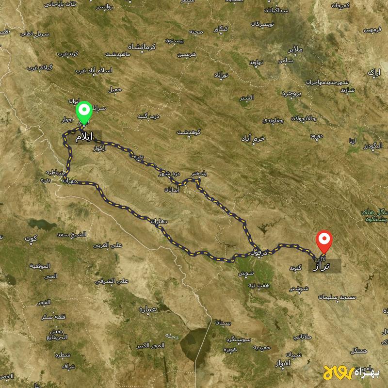 مسافت و فاصله تراز - خوزستان تا ایلام از ۲ مسیر - بهمن ۱۴۰۳