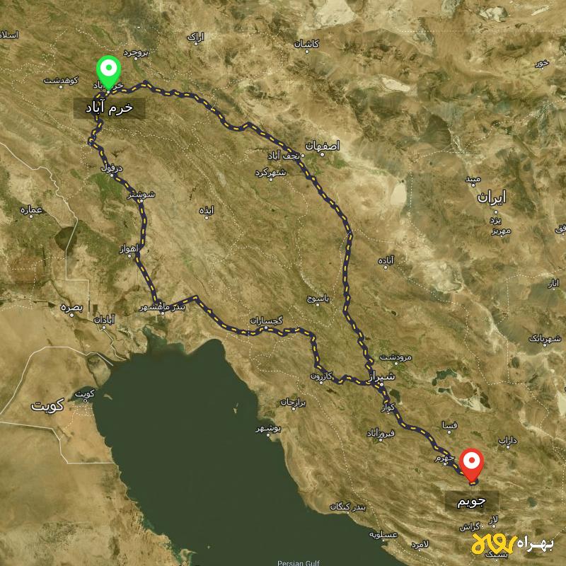 مسافت و فاصله جویم - فارس تا خرم آباد از ۲ مسیر - مرداد ۱۴۰۳