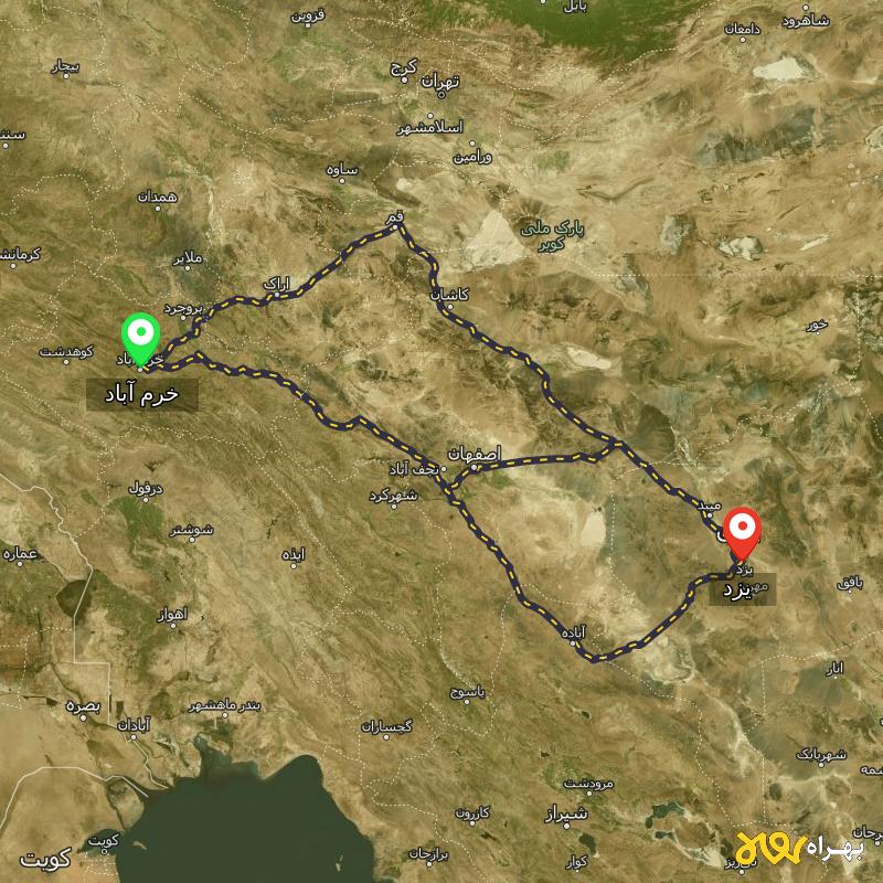 مسافت و فاصله یزد تا خرم آباد از ۳ مسیر - مرداد ۱۴۰۳