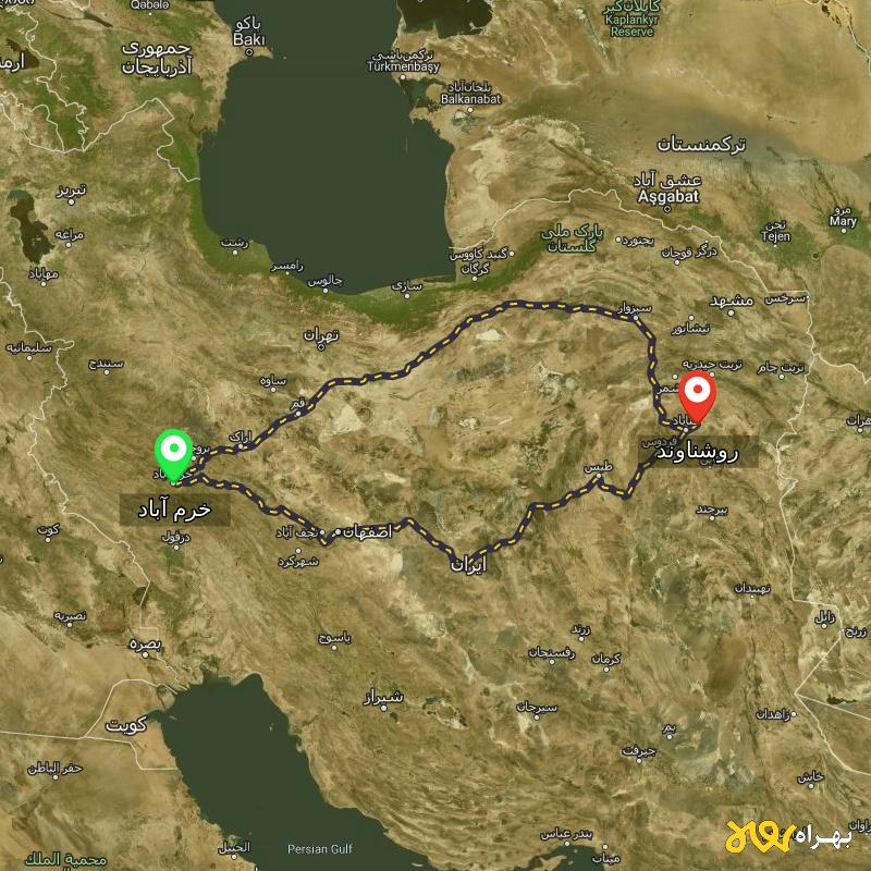 مسافت و فاصله روشناوند - خراسان رضوی تا خرم آباد از ۲ مسیر - شهریور ۱۴۰۳