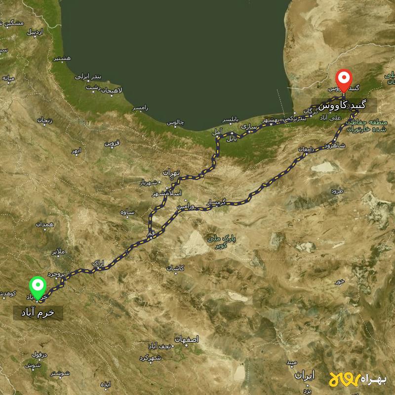 مسافت و فاصله گنبد کاووس - گلستان تا خرم آباد از ۲ مسیر - اردیبهشت ۱۴۰۳