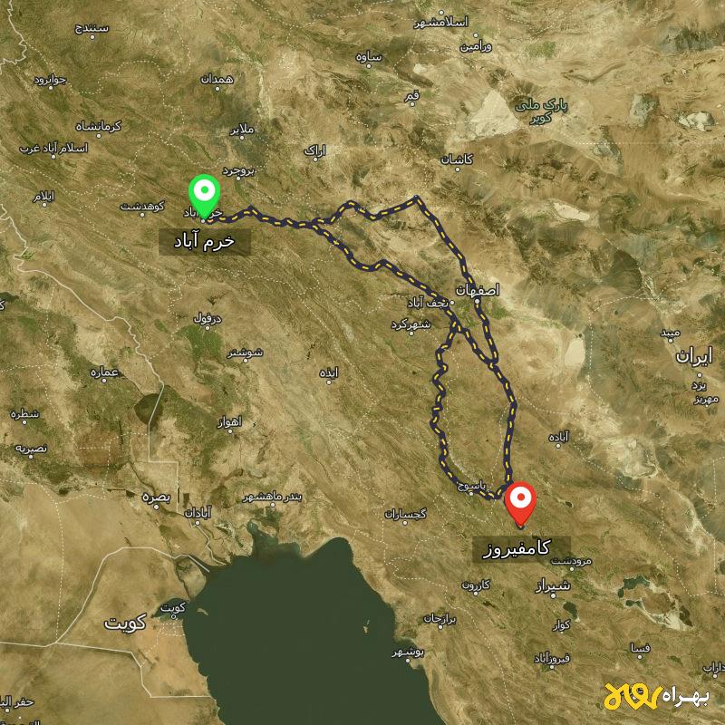مسافت و فاصله کامفیروز - فارس تا خرم آباد از ۳ مسیر - مرداد ۱۴۰۳