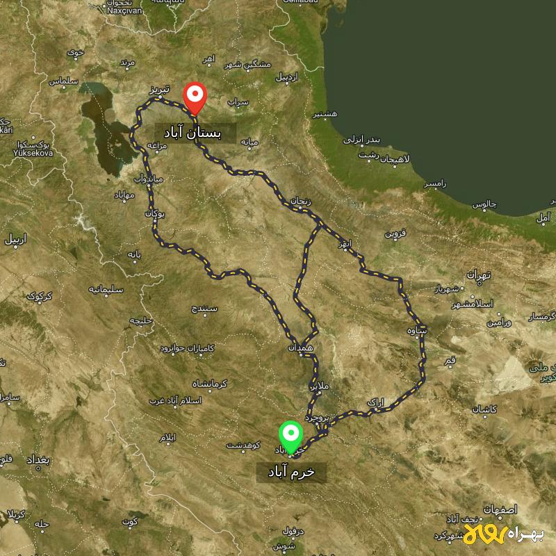 مسافت و فاصله بستان آباد - آذربایجان شرقی تا خرم آباد از 3 مسیر - مسیریاب بهراه