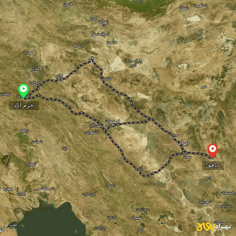 مسافت و فاصله بافق - یزد تا خرم آباد از ۳ مسیر - اردیبهشت ۱۴۰۳