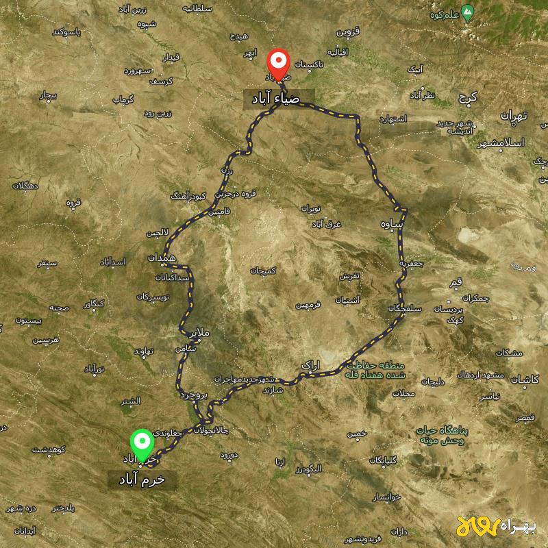 مسافت و فاصله ضیاء آباد - قزوین تا خرم آباد از ۲ مسیر - مرداد ۱۴۰۳