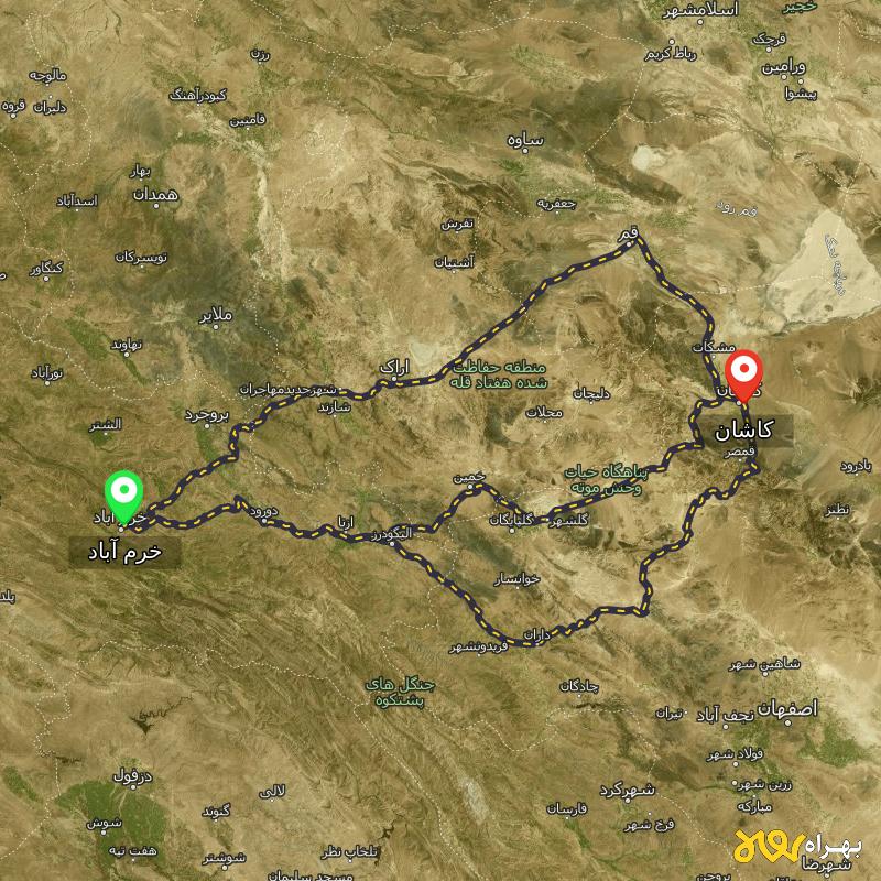 مسافت و فاصله کاشان تا خرم آباد از ۳ مسیر - اردیبهشت ۱۴۰۳