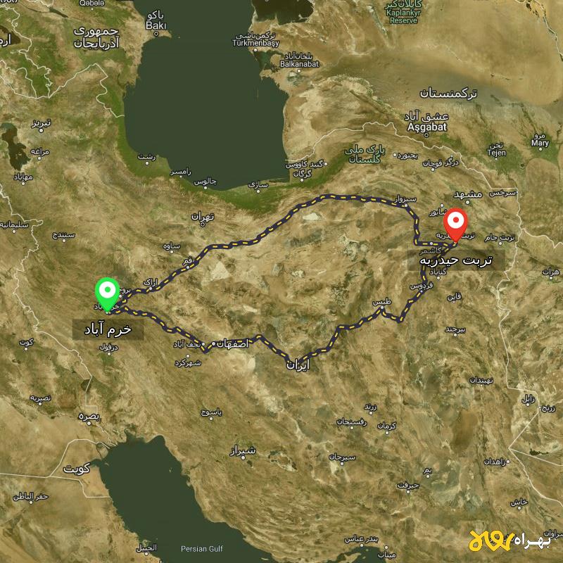 مسافت و فاصله تربت حیدریه - خراسان رضوی تا خرم آباد از ۲ مسیر - آذر ۱۴۰۳