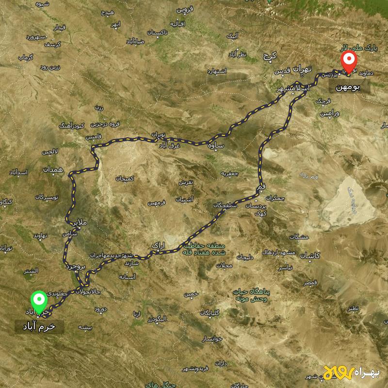 مسافت و فاصله بومهن - تهران تا خرم آباد از ۲ مسیر - آبان ۱۴۰۳