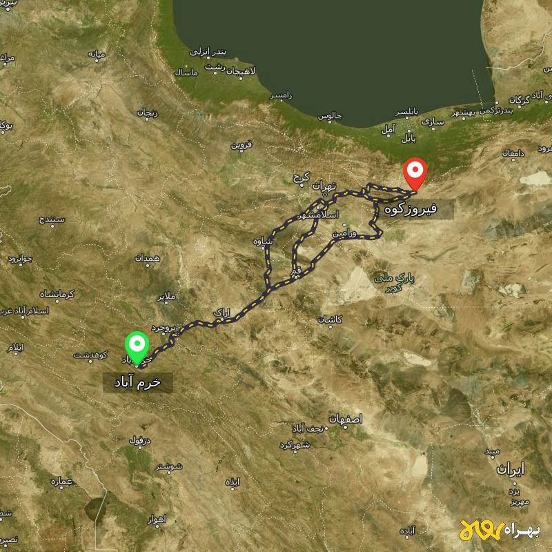 مسافت و فاصله فیروزکوه - تهران تا خرم آباد از ۳ مسیر - مرداد ۱۴۰۳
