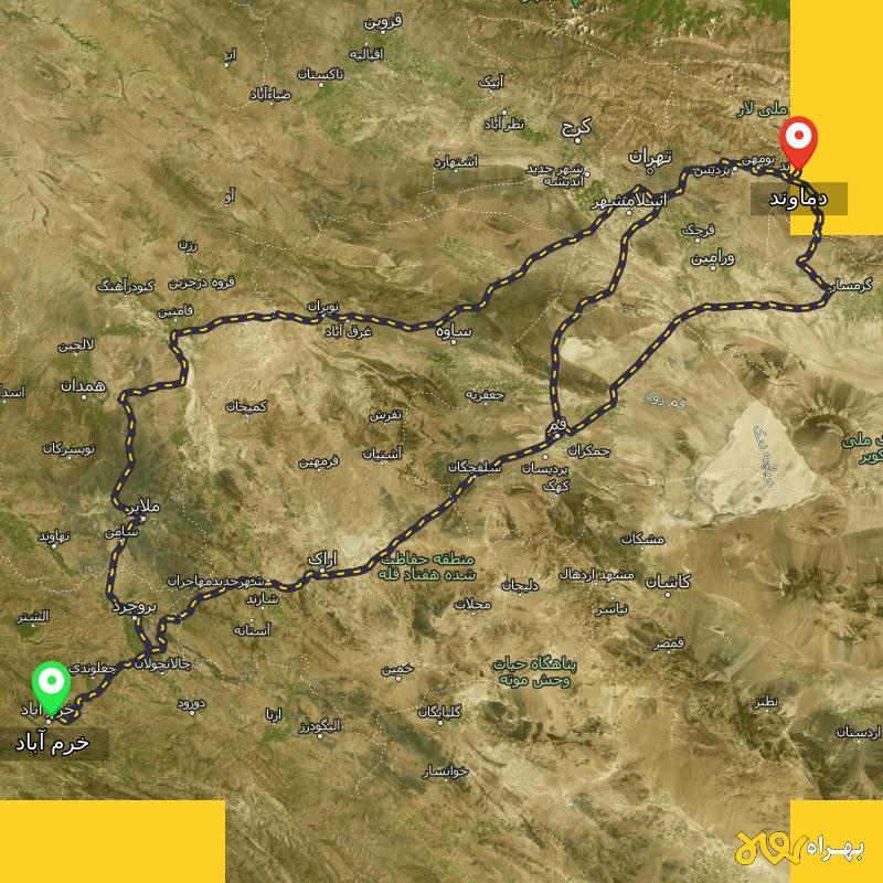 مسافت و فاصله دماوند - تهران تا خرم آباد از ۳ مسیر - آذر ۱۴۰۳
