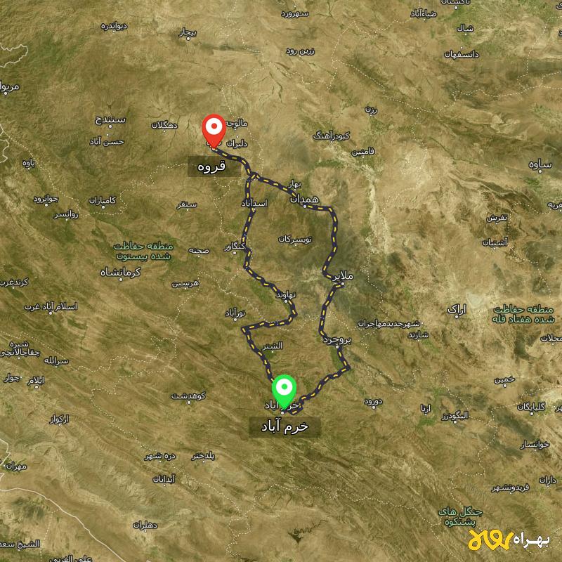 مسافت و فاصله قروه - کردستان تا خرم آباد از ۲ مسیر - اردیبهشت ۱۴۰۳