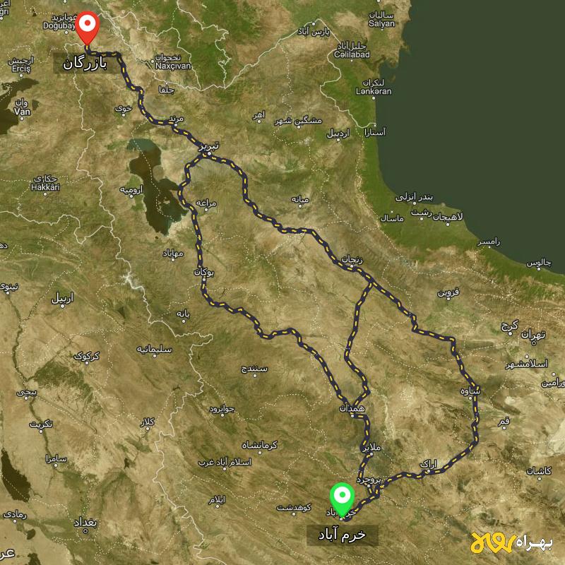 مسافت و فاصله بازرگان - آذربایجان غربی تا خرم آباد از ۳ مسیر - آذر ۱۴۰۳