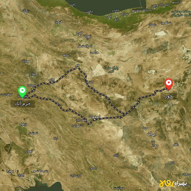 مسافت و فاصله خور - اصفهان تا خرم آباد از ۲ مسیر - آذر ۱۴۰۳