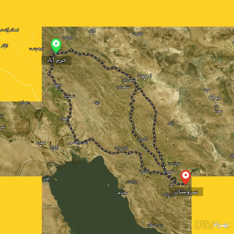 مسافت و فاصله سروستان - فارس تا خرم آباد از ۳ مسیر - مهر ۱۴۰۳
