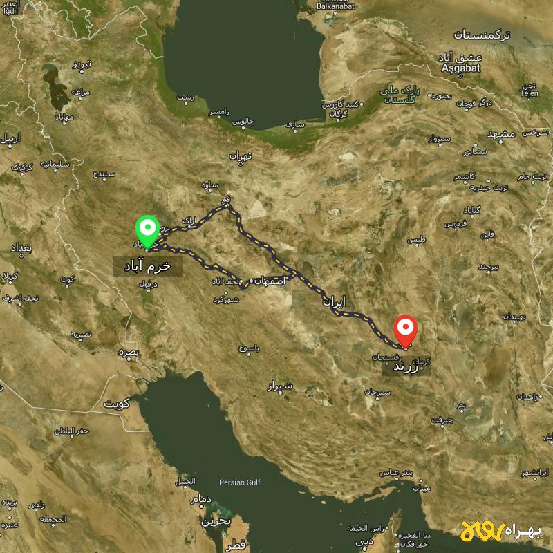 مسافت و فاصله زرند - کرمان تا خرم آباد از ۲ مسیر - مرداد ۱۴۰۳