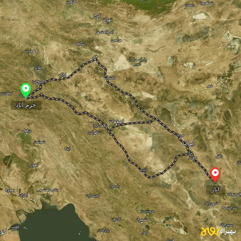 مسافت و فاصله انار - کرمان تا خرم آباد از ۳ مسیر - آذر ۱۴۰۳