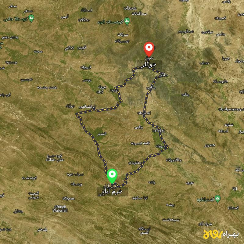 مسافت و فاصله جوکار - همدان تا خرم آباد از ۲ مسیر - مرداد ۱۴۰۳