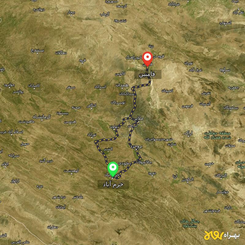 مسافت و فاصله فامنین - همدان تا خرم آباد از ۲ مسیر - آبان ۱۴۰۳